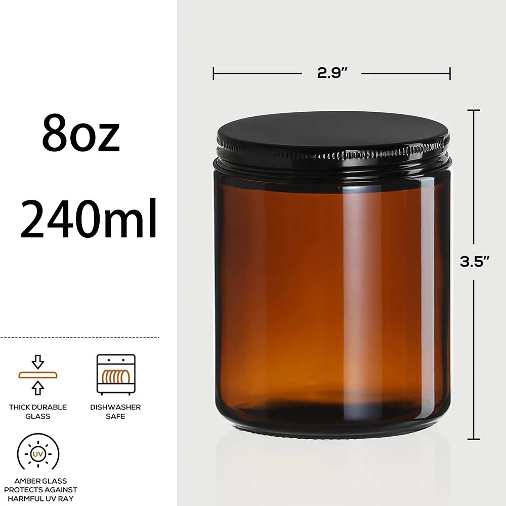 8oz Amber Glass Jars with Black Lids - For Candle Making, Food Storage, Canning, Spices, Liquids