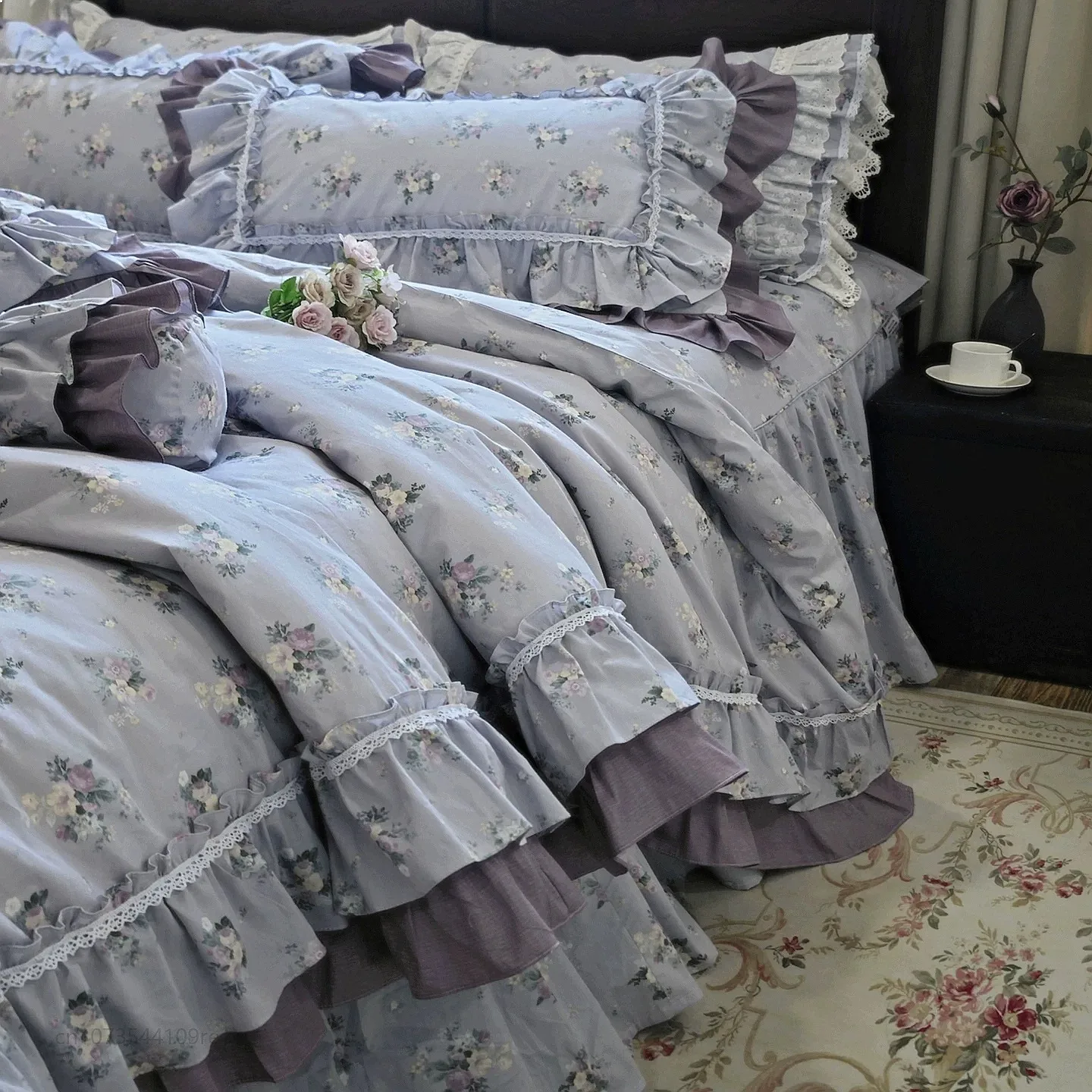 French Korean Fresh Purple Rose Floral Lace Cotton Bed Skirt 4Pcs Bedding Set