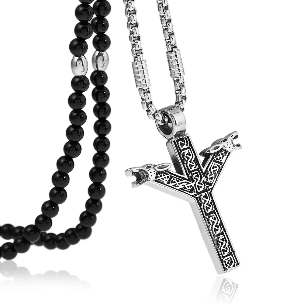 Punk 316L stainless steel Norse Vikings Rune Wolf Heads pendant Necklace with Black Natural Stone Chain 26"