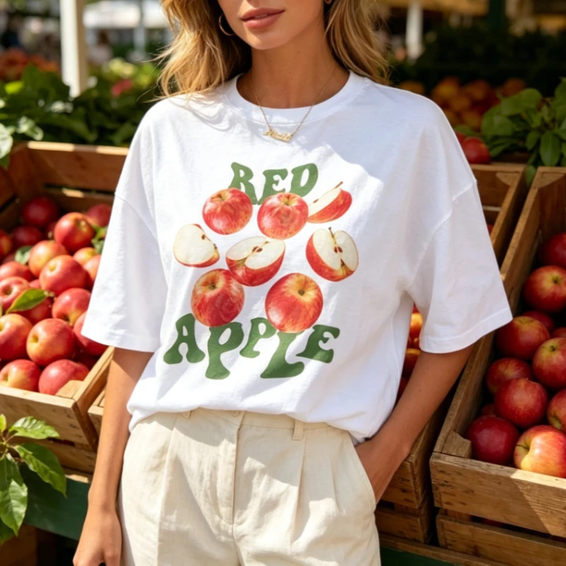 Vintage Red Apple Printed T-Shirt Retro Fruit Graphic Tee Oversized Y2k Aesthetic Streetwear Short Sleeve Cottagecore Women Top