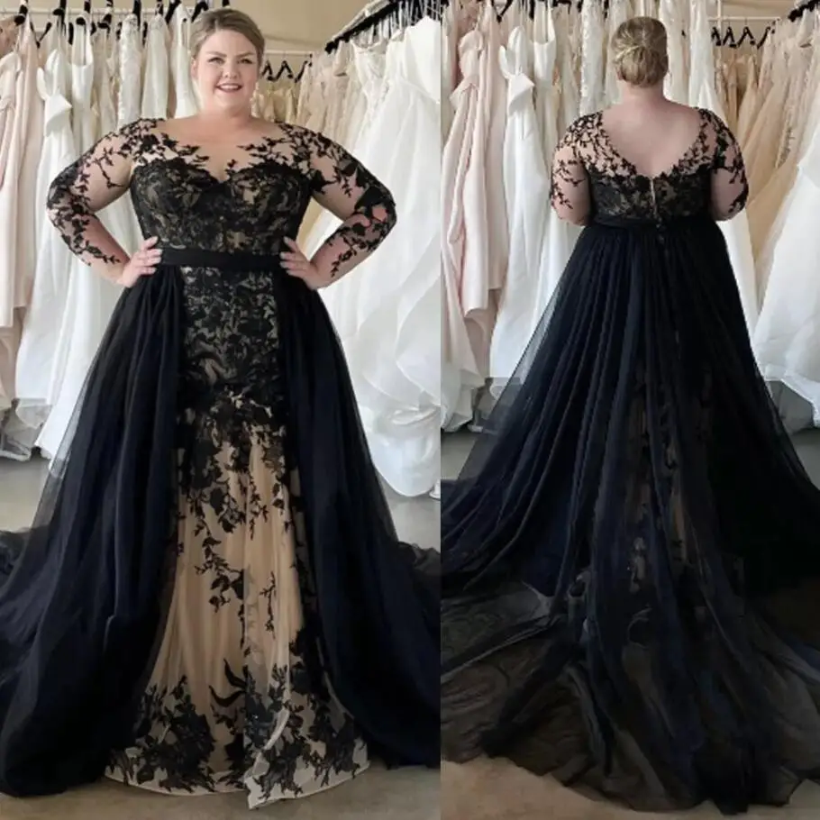 Gothic Black Plus Size Wedding Dresses with Detachable Train Lace Applique Illusion Long Sleeve Bridal Gowns Plus Size 2025