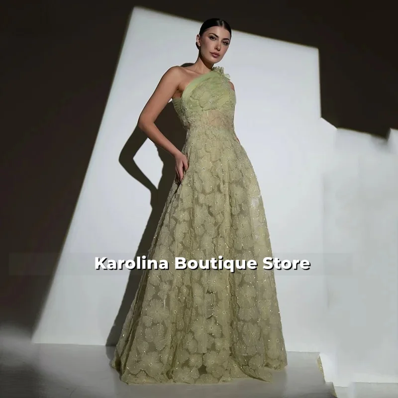 

Green 3D Flowers Prom Gown One Shoulder A Line Formal Occasion Dresses Elegant Modern Party Dress Customized