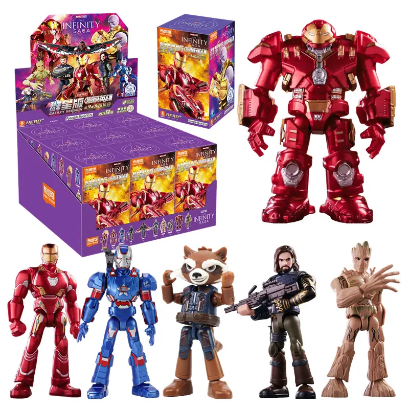 1/9 pçs blokes marvel vingadores galáxia 3 caixa cega bloco de construção 10cm homem de ferro hulkbuster homem aranha figura ação modelo kits