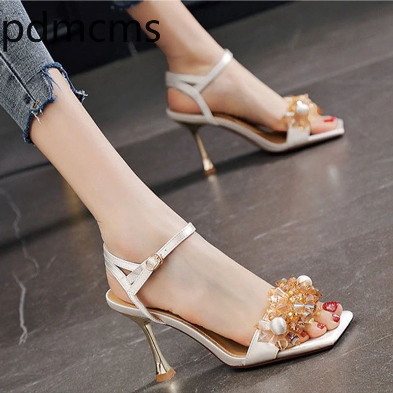 Women's Sandals New Rhinestone Square Toe High Heels Fashion Sexy Open Toed Women's Shoes High Heel Sandals Sandálias Femininas