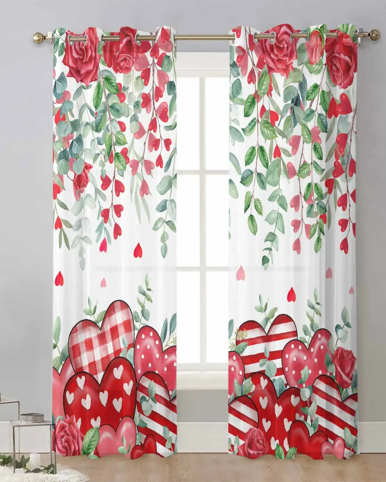 Valentine'S Day Red Heart Leaves Rose Sheer Curtains for Living Room Window Transparent Voile Tulle Curtain Home Decor Drapes