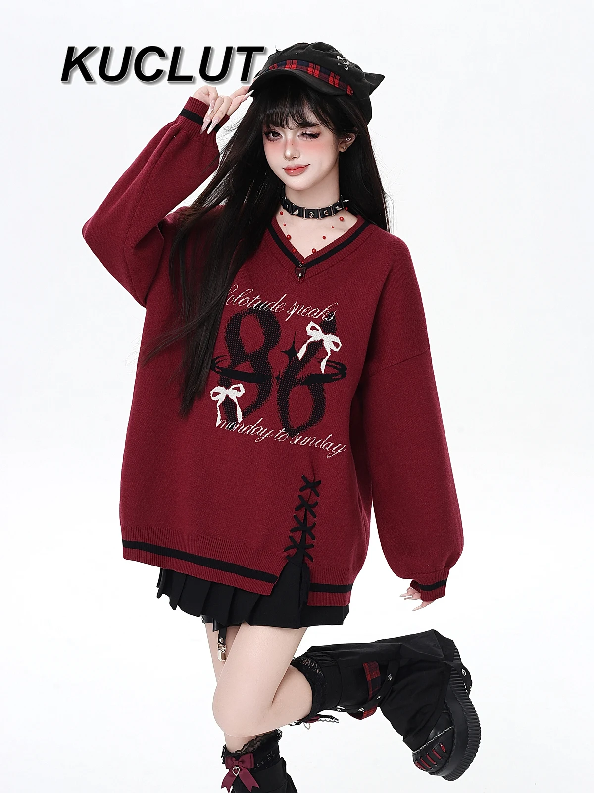 

Original College Style Digital Sweet Cool V-neck Sweater Top 2025 New Autumn Winter Loose Pullover Sweaters for Women