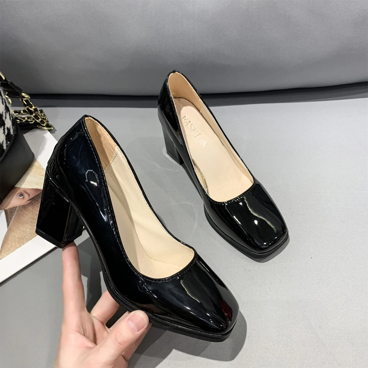 Neue Quadratische Tou Lacklederschuhe Damen Pumps mit Dicken Absätzen Sapato Feminino Arbeits- und Partyschuh Übergroße Plusgröße 50 Zapatos Mujer – Detail 7
