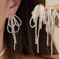 Korean Tassels Beads Bowknot Ear Studs Earrings for Women Girls Sweet Cool Luxury Ribbon Bow Drop Earrings Wedding Jewelry Gift