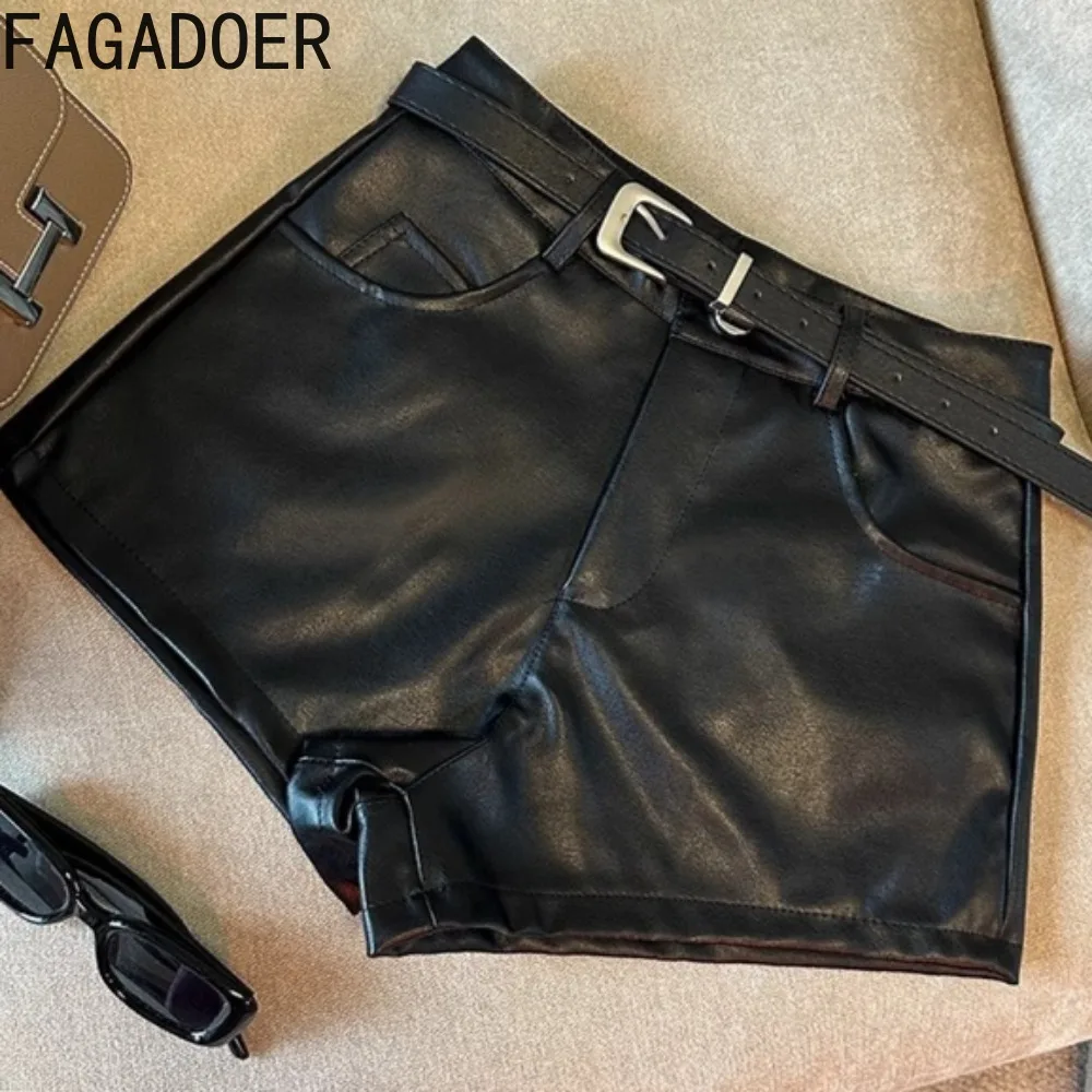 FAGADOER Sexy Leopard Print Leather Shorts Women Brown High Waist Pocket Skinny Belt Shorts American Retro Hot Girl Streetwear
