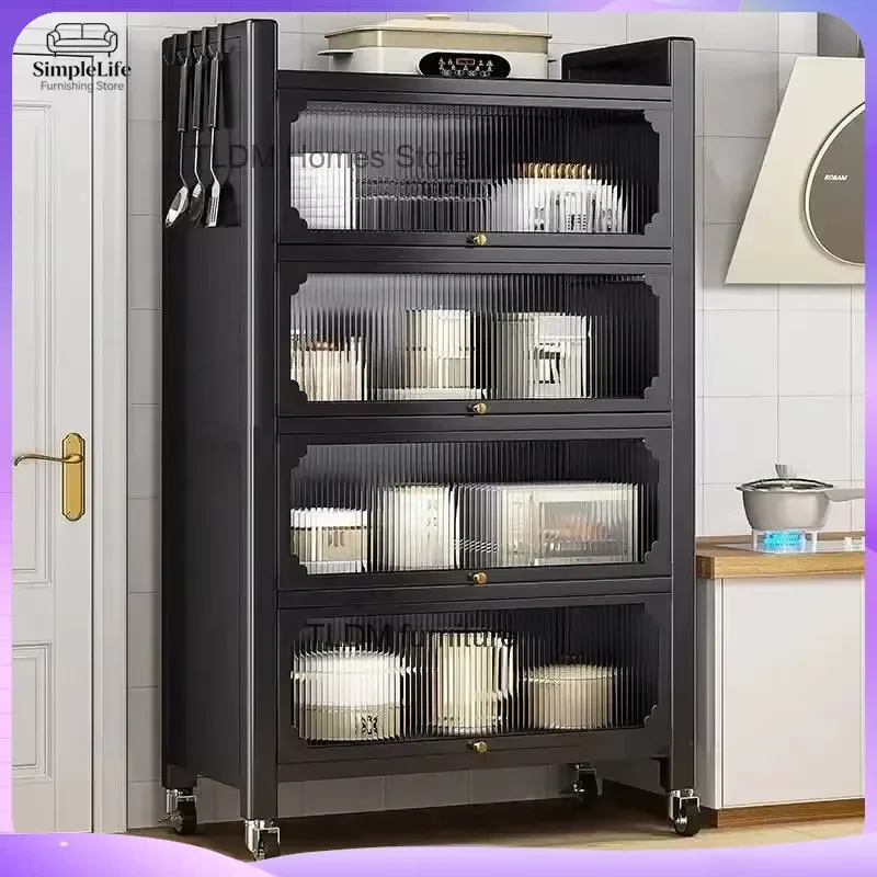 Modern Metal Kitchen Cabinet with Multi-layer Storage Floor Standing Tableware Organizer Rack for Utensils Plates Bowls