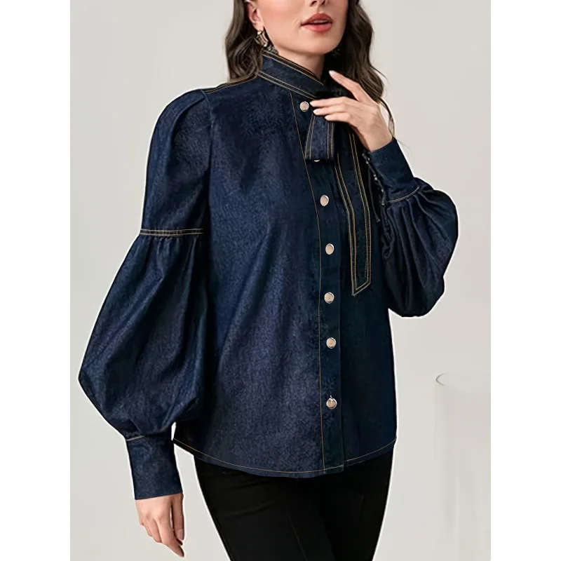 

Fashion Denim Shirt For Women Spring Autumn New Solid Color Bow Lace Up Lantern Sleeve Single Breasted Lady Commuting Shirt