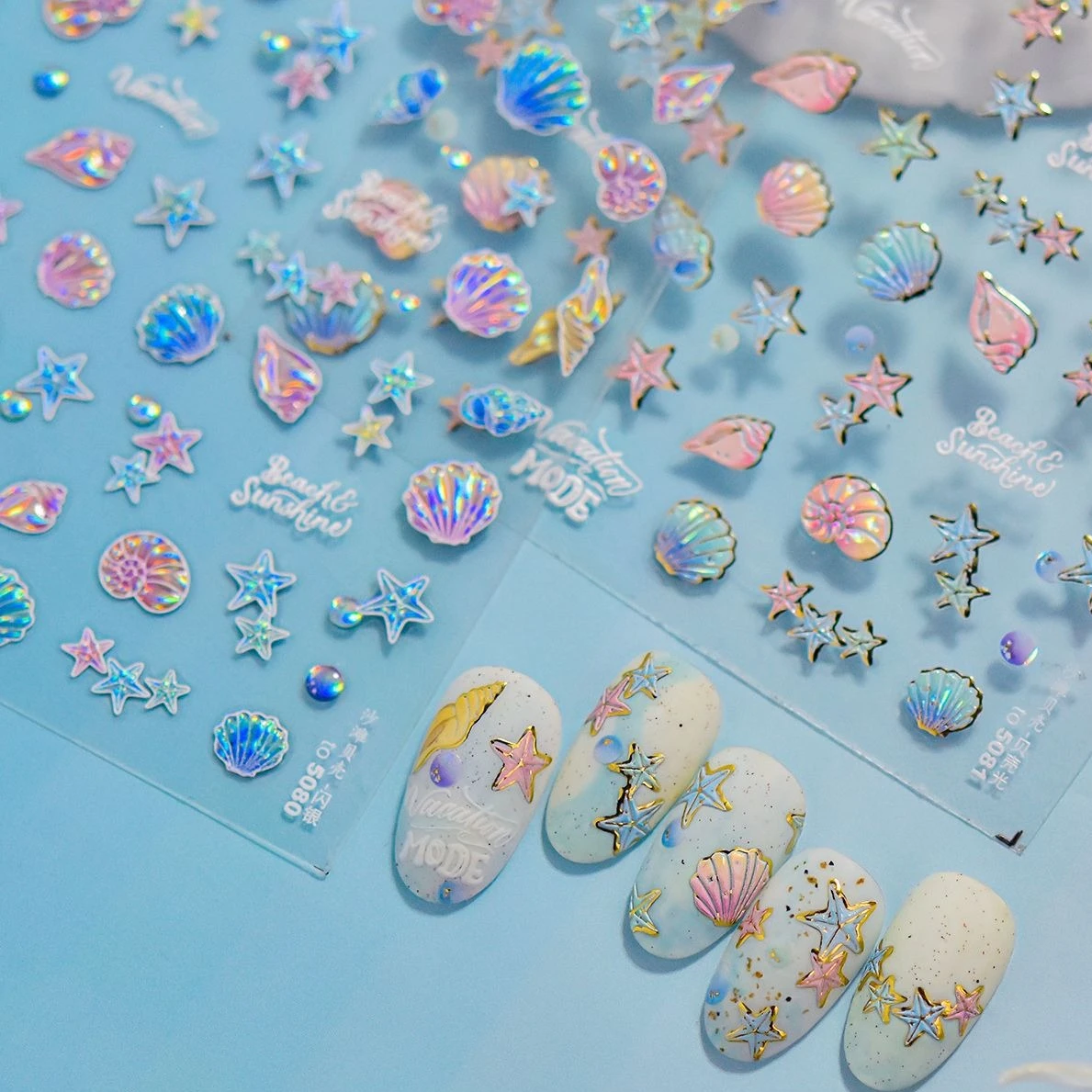 Concha marina colorida brillante, elementos del océano de estrella de mar, burbujas de agua, Concha de estrella, pegatinas subacuáticas para decoración de uñas, calcomanías para manicura