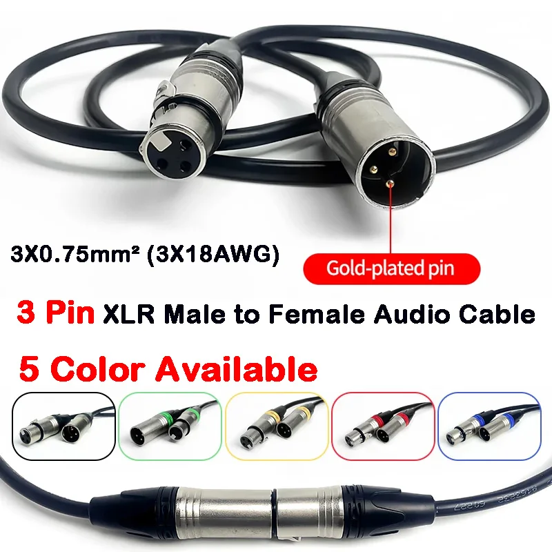 1Meter/2M/3M/5M/10M Gold-Plated 3-Pin XLR Male-Female Audio Cable - 3X0.75mm² (3X18AWG) Pure Copper Core for Professional Use