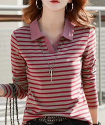Women's striped pattern solid color lapel design long-sleeved POLO shirt casual daily knitted top machine washable not dry