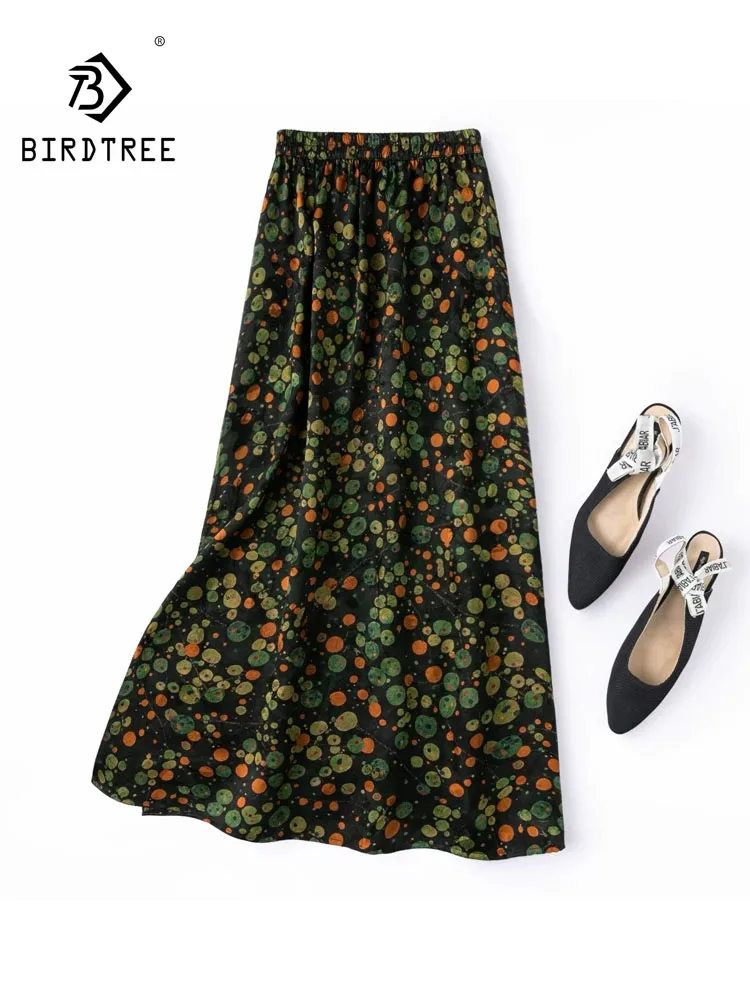BirdTree-100%Real Silk Watered Gauze Elegant Skirts, Elastic Waist Jacquard, Women Retro Casual Skirt, 2026 Autumn New B68758CC