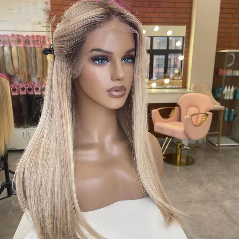 

Soft Glueless Highlight Ombre Ash Blonde Straight 23A Grade 13*4Lace Front Wig For Women Baby Hair European HumanHair Jewish Wig