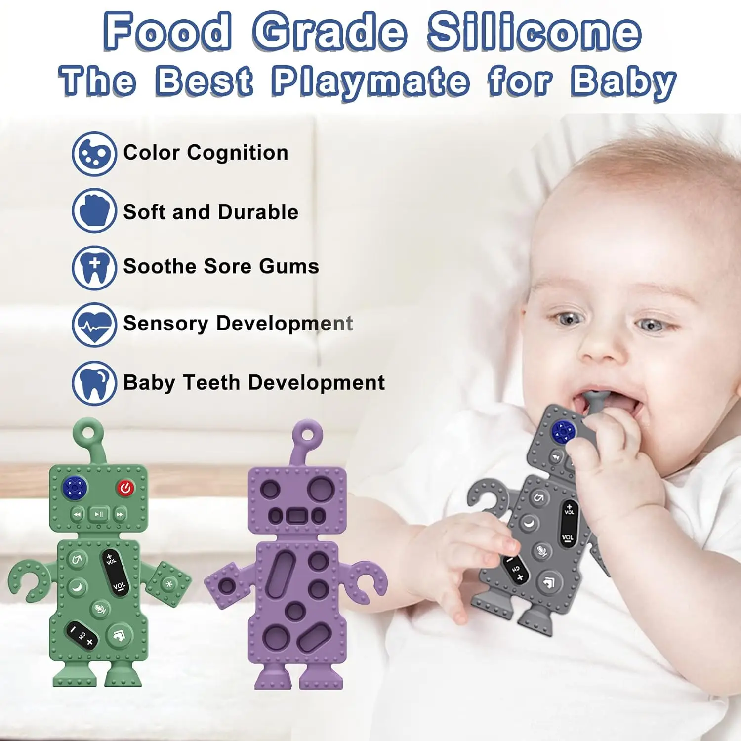 Robot Remote Control Shape Silicone Toddler Chew Teething Toys for Babies 0-6-12-36 Months for Sucking Needs Sensory Teething