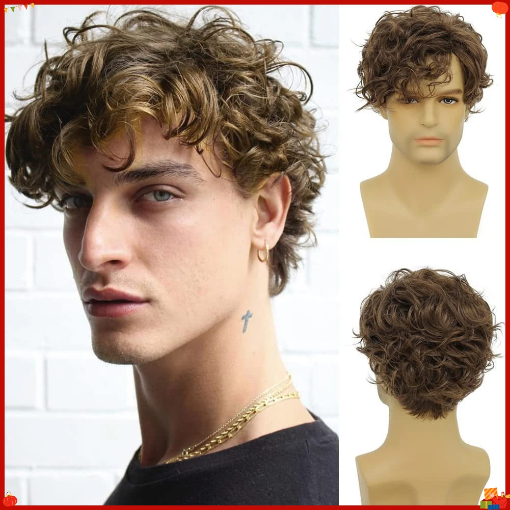 Men's Synthetic Wig Short Brown Wavy Cosplay Hairstyle with Side Bangs Natural Looking Fiber Costume Hairpiece Party Daily Use