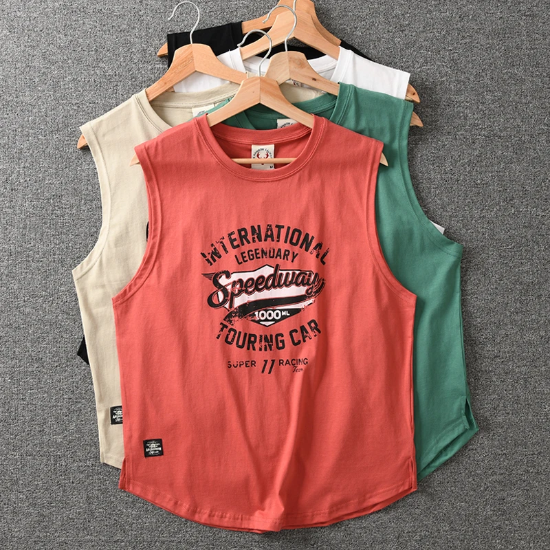 Summer New American Retro Sleeveless O-neck Letter Printed T-shirt Men\'s Fashion 100% Cotton Washed Old Casual Sports Vest Tops