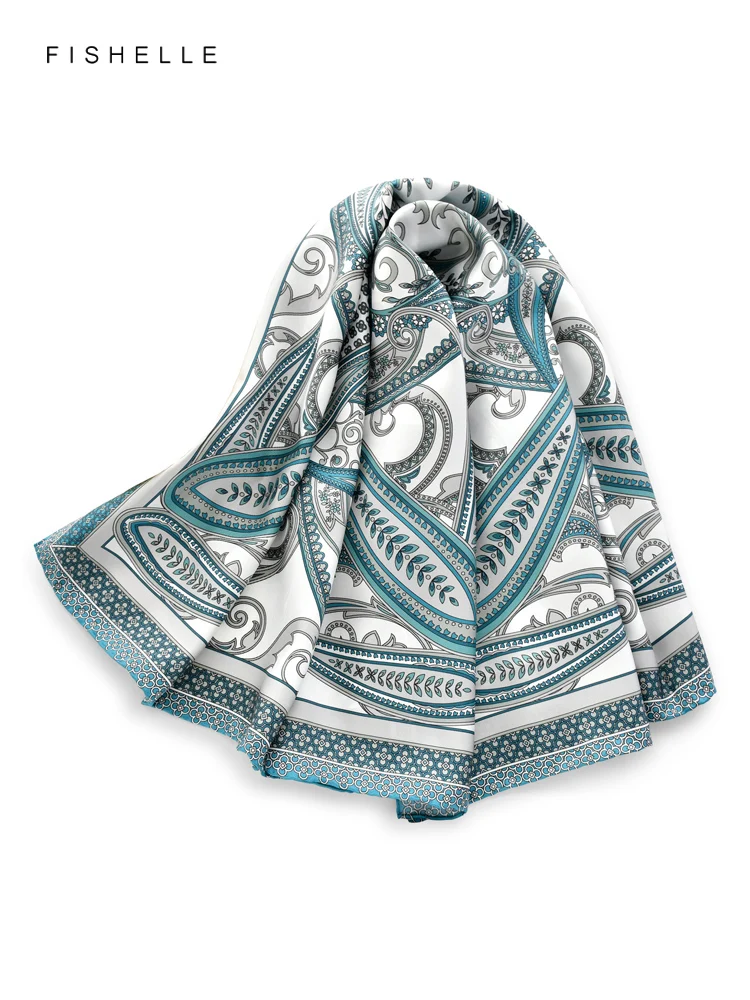 

Grey Blue Paisley 100% Silk Scarf Twill Shawl Luxury Gift Women Wrap Bandana Hijab Lady Headband Scarves Neckerchief 90CM