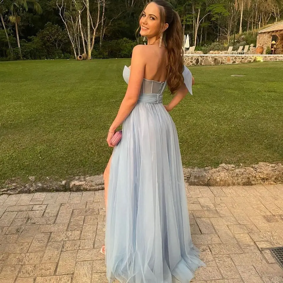 فساتين سهرة أنيقة باللون الأزرق السماوي بكتف واحد على شكل حرف a للحفلات الراقصة 2025 تول طول الأرض بدون ظهر للنساء رداء السهرة #2