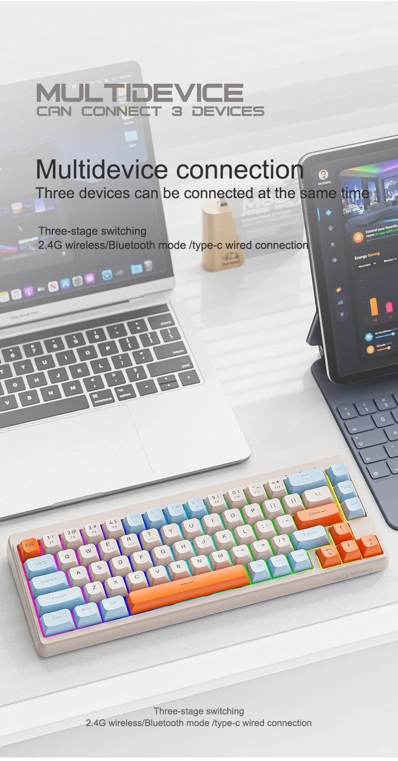 Teclado FREEWOLF M68 de 68 teclas com conexão tri-mode Bluetooth sem fio para jogos e esportes eletrônicos PBT Caps