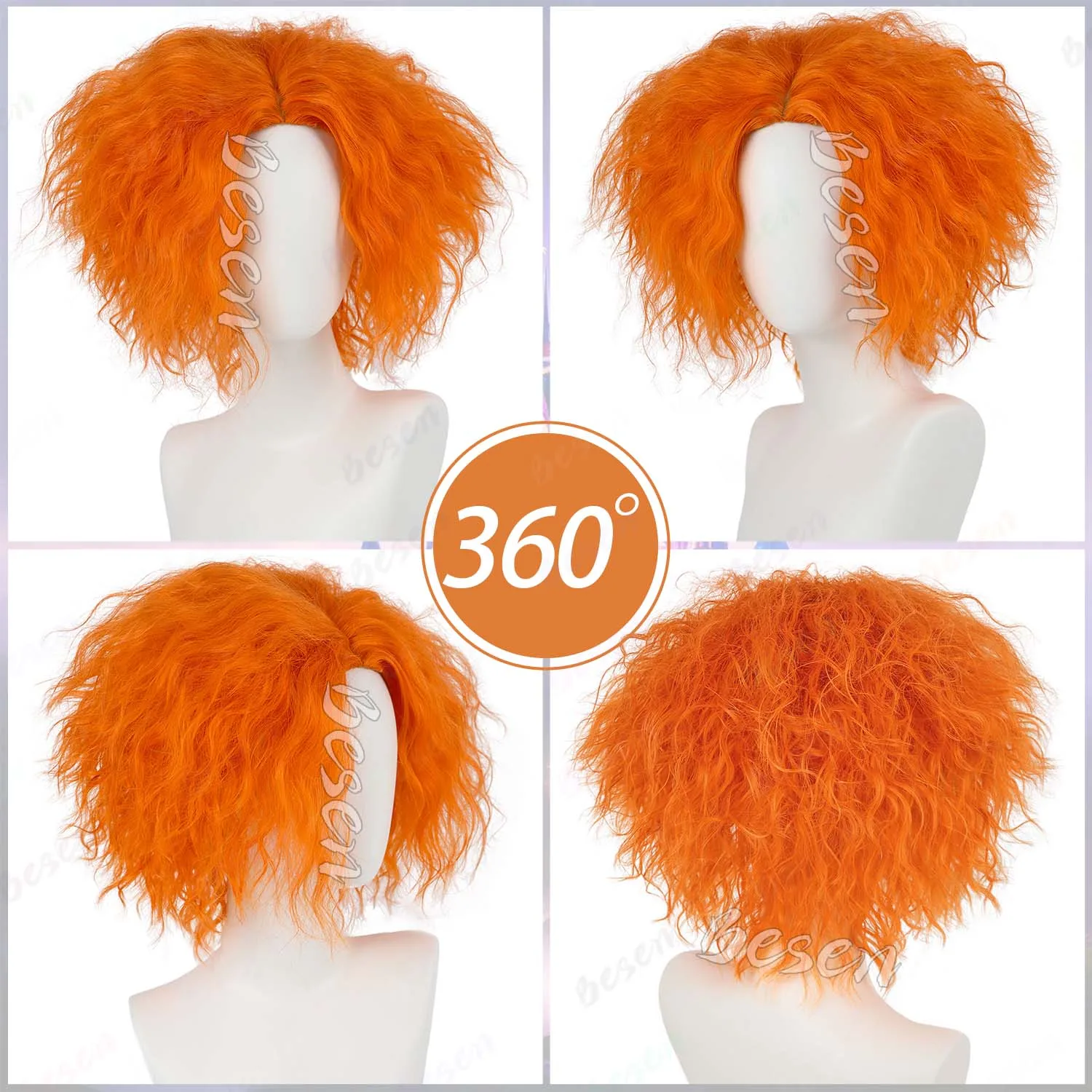 Synthetic Short Orange Curly Wig for Cosplay Halloween Anime Funny Wigs Unisex Messy Cosplay Wig Role Play Mad Hatter Wig