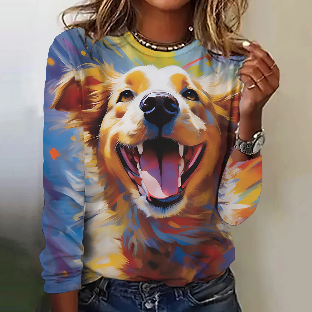 Women's Cartoon Cute Puppy Animal Print Ultra-thin Breathable T-shirt O-neck Long-sleeved Casual T-shirt Home Pullover