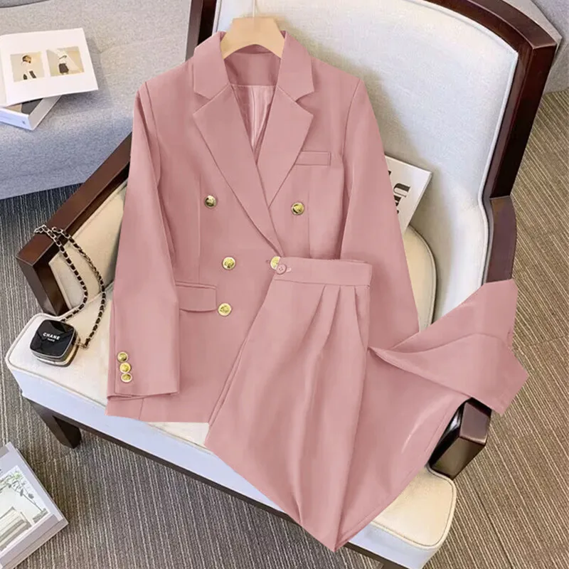 Women\'s Suit Set Popular Korean Casual Office Dress Fashion Metal Buckle Suits 2-piece Set Temperament High Waisted Pants Sets