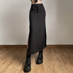 Goth Dark-Trompete Gótico Feminino Saia Midi, Cintura Alta, Dividida, Saia Longa Clube Sexy, Streetwear de Festa Fina, Saias Midi Grunge, Elegante