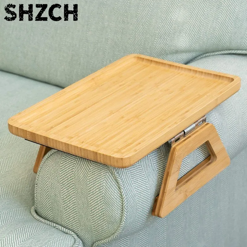Foldable Bamboo Sofa Arm Tray Table – Rectangular Removable Snack & Fruit Holder for Couch Armrest