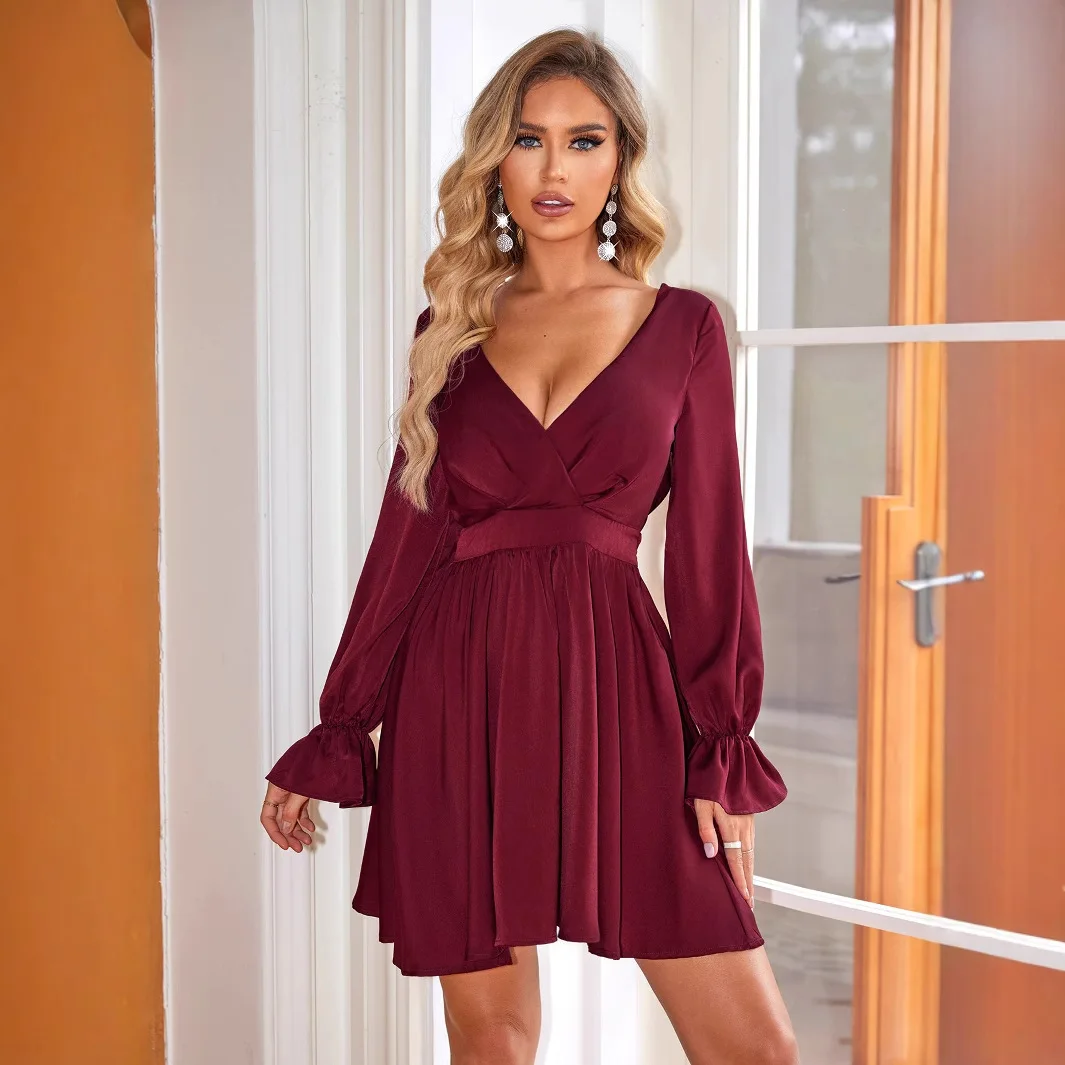 

Women's Deep V-neck Dress for Wedding Guests, Casual Pleated Long Sleeved Lace Up Backless Dress Summer Dress Robe Vestido Women