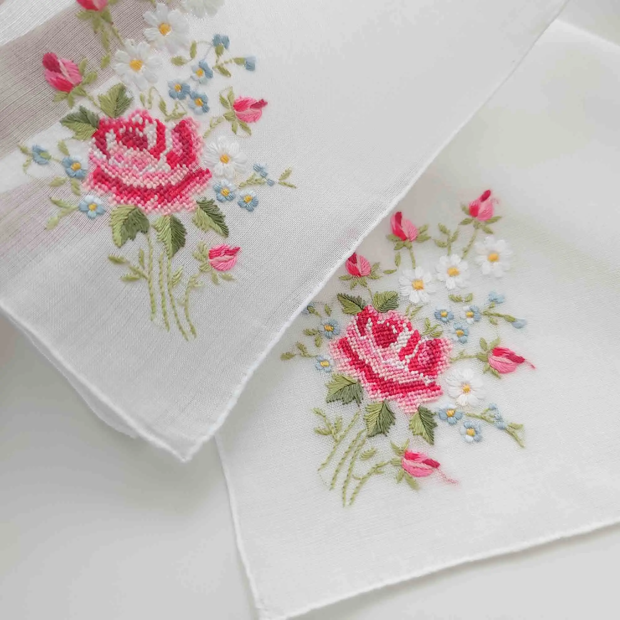 Embroidery BY Hand 100% Cotton Handicraft Gift Rose Handkerchief