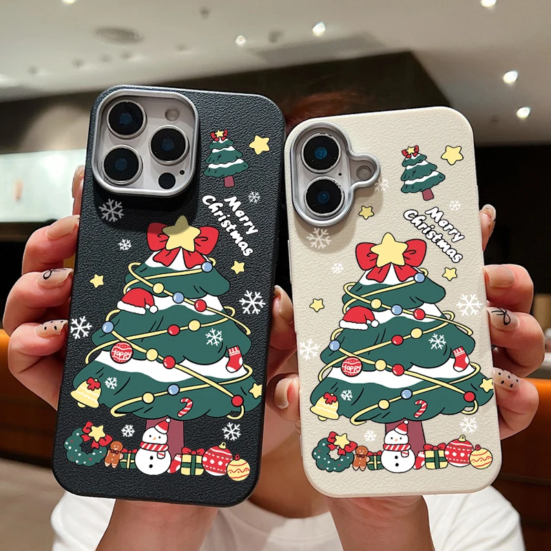 Ano novo árvore de natal caso de couro luxo para iphone 16 15 14 pro max 16 plus 11 13 12 pro macio tpu à prova de choque capa do telefone