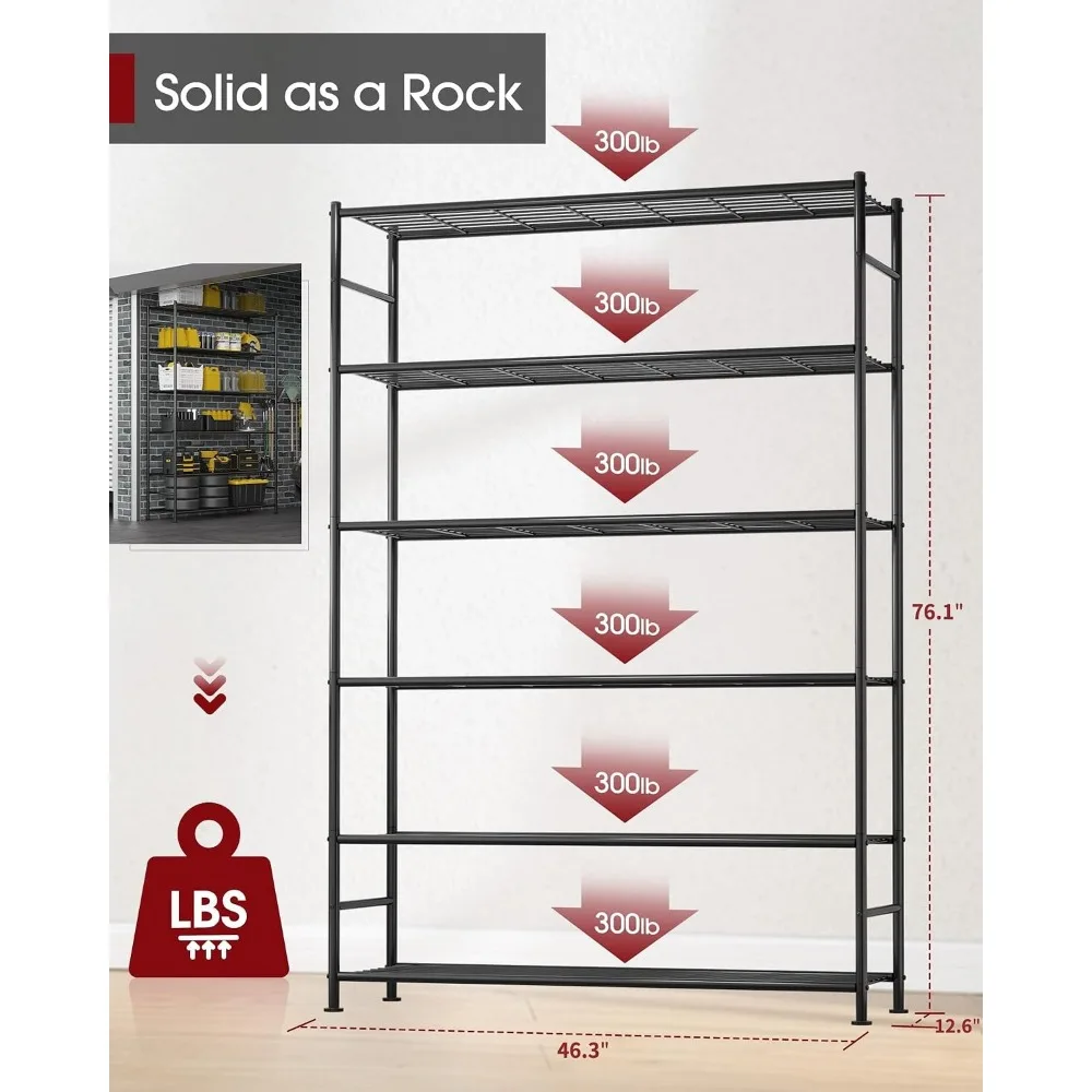 6-Tier Heavy Duty Metal Storage Shelves with Leveling Feet, 46.3