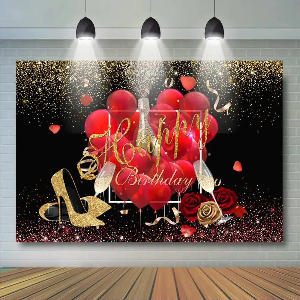 Happy Birthday Backdrop for Women Red Balloon Golden High Heels Background Champagne Rose Woman Birthday Party Banner Decor