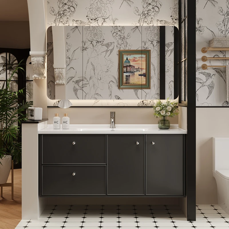 

Зеркальный шкаф в французском ретро-стиле, черный, из каучукового дерева, с интегрированной керамической раковиной, водонепроницаемое зеркало для ванной комнаты