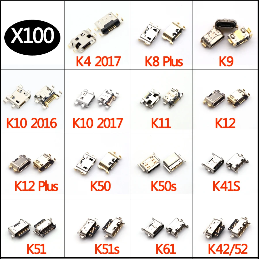 100Pcs USB Charging Port Connector Charge Jack Socket Plug Dock For LG K9 K11 K41s K51 K51s K52 K42 K50 K50s K50 K10 K12 Plus