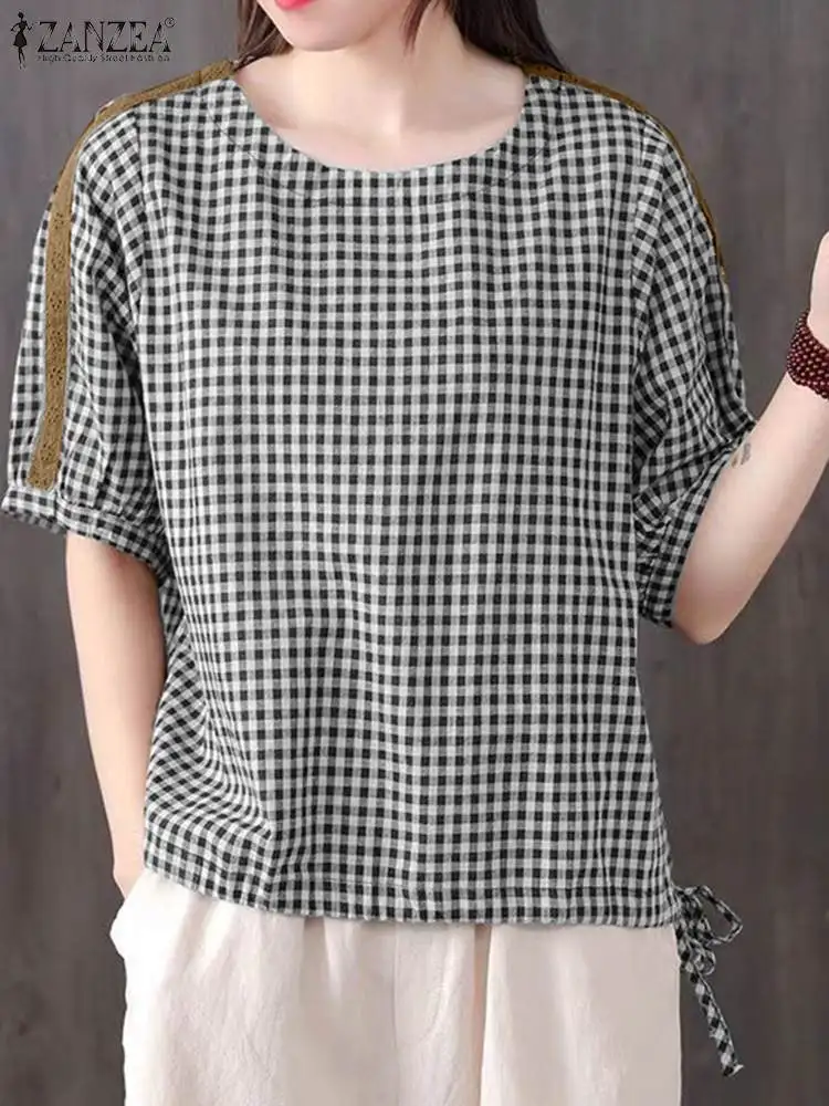 ZANZEA Drawstring Hem Casual Blusas Mujer Women Lace Patchwork Vintage Checked Gingham Blouses Short Sleeve Summer Shirt Tops