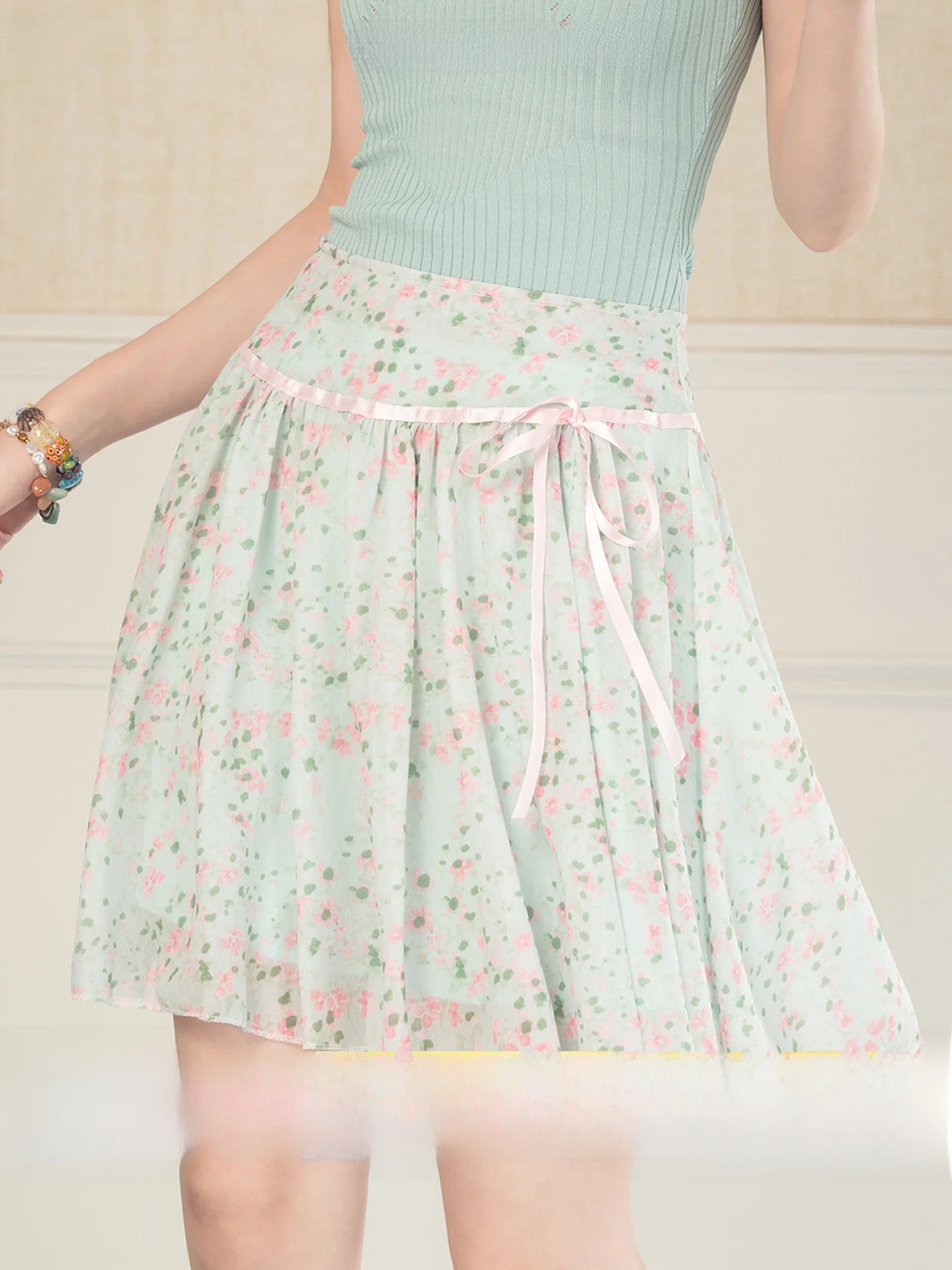 

Heynew Sweet Floral Tie Knot Half Skirt Women Summer High Waist Slim A-Line Short Skirt Polyester Cake Skirt