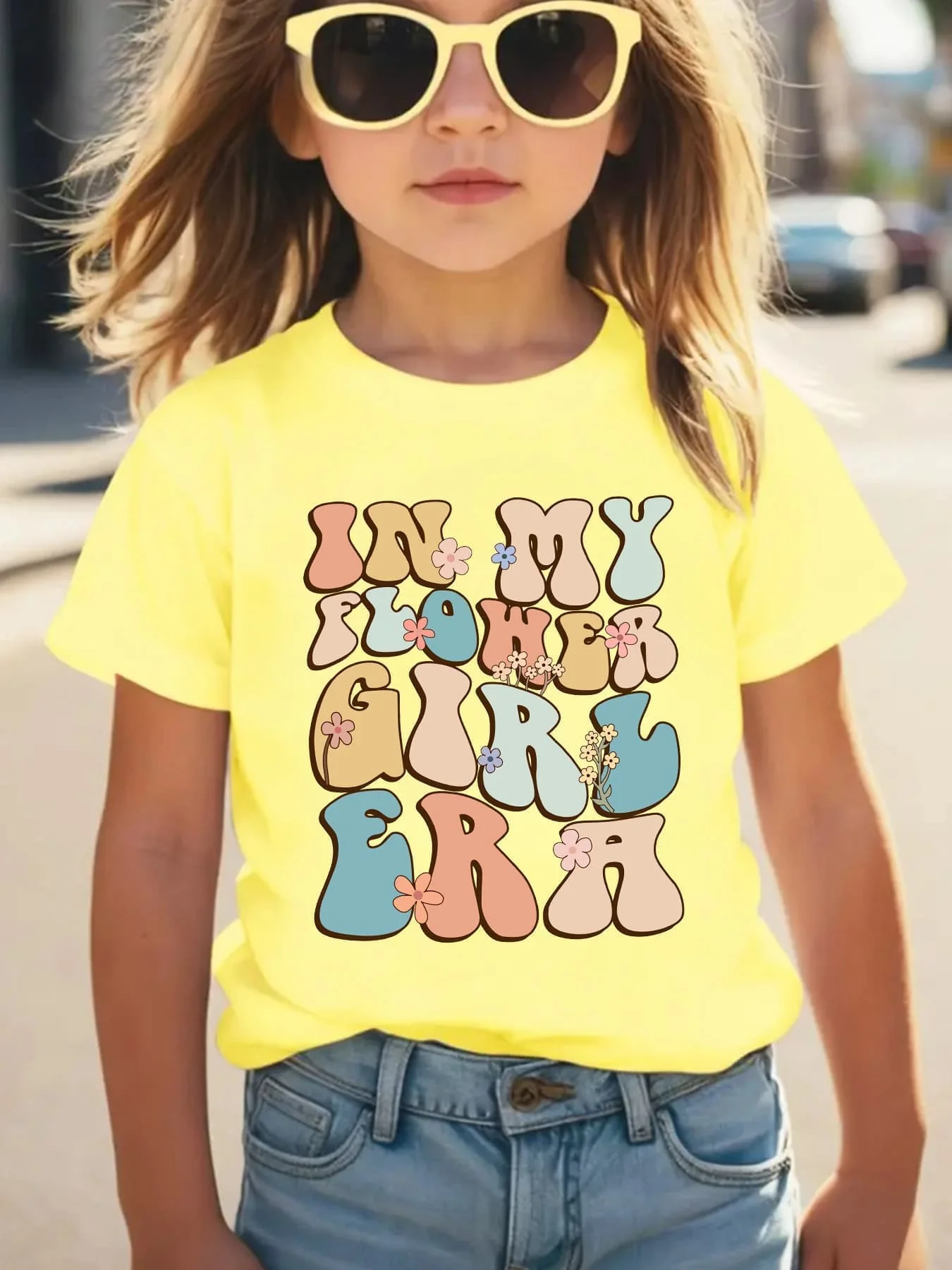 In My Flower Girl Era Floral Letter Kids Tee Graphic Short Sleeve Girls Boys Parent Child Match Summer Cotton Kids Daily T Shirt
