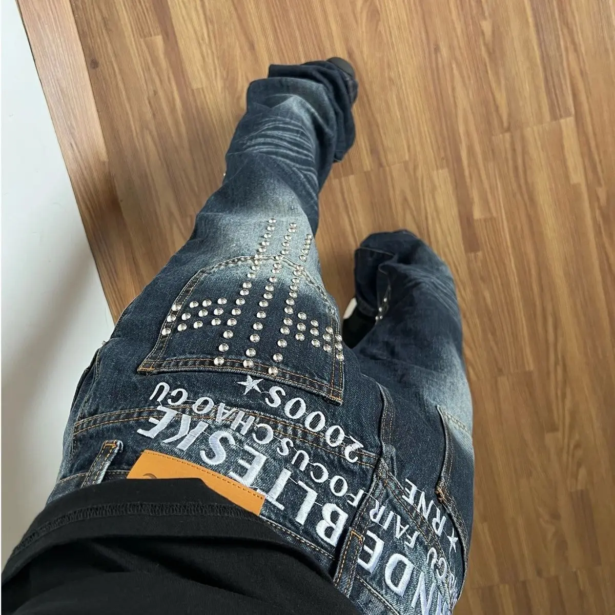 Washed Blue Baggy Jeans Women Vintage Gothic Y2K Hot Girls Low Waist Micro Pants Women Rivet Letter Embroidered Straight Jeans