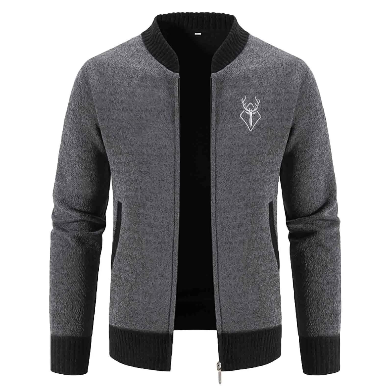 Men's Grey Casual Jackets Autumn Winter Warm Fleece Lined Zipper Knitted Sweater Fashion Long Sleeve Stand Collar Outwears Coats