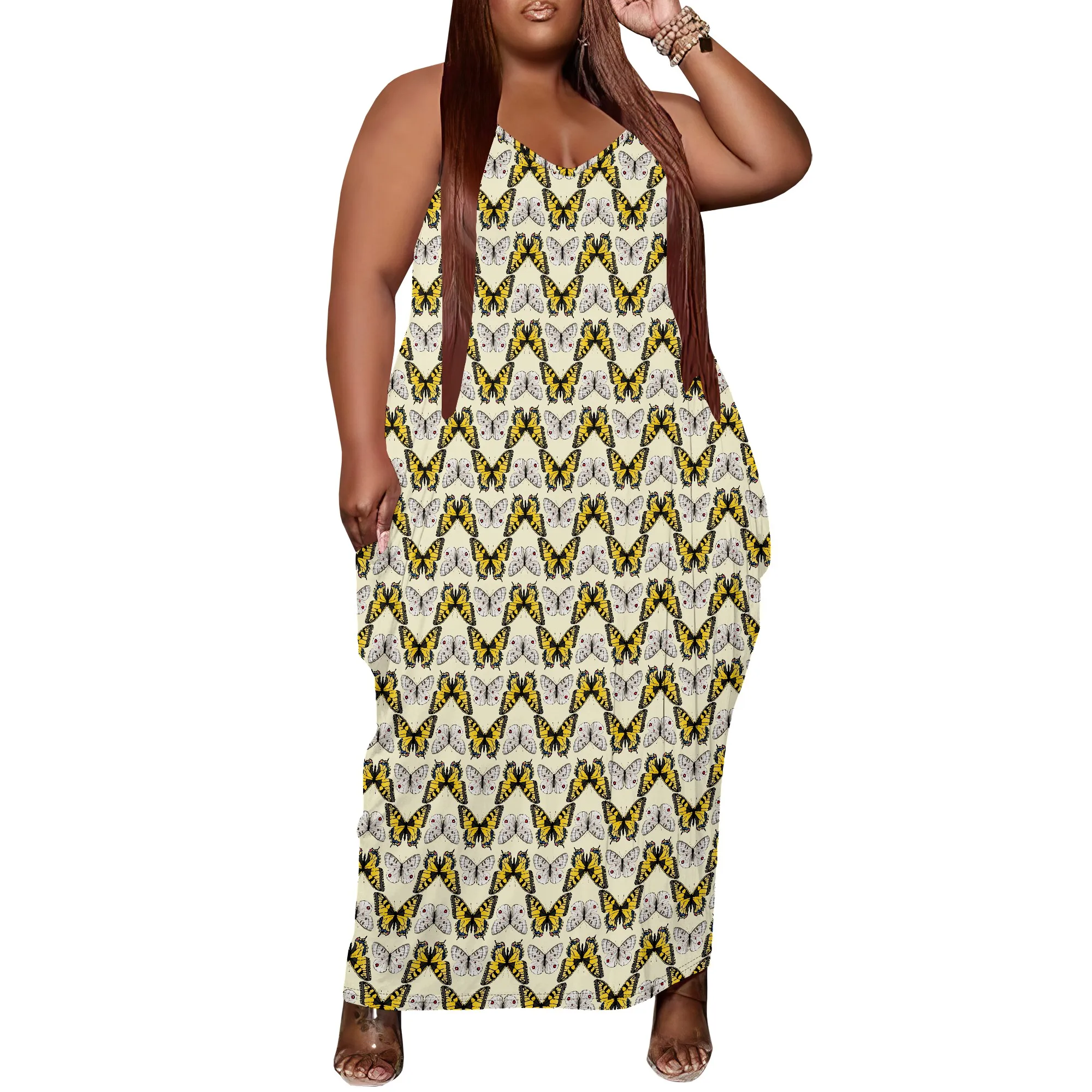 

Women's Plus Size Dress Loose Halter Maxi Dress with Pocket Breathable Elegant Butterfly Print XL-6XL​