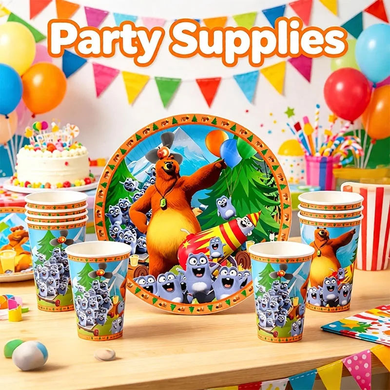 Grizzy and Lemmings Party Supplies Set Jungle Theme Disposable Tableware Paper Birthday Picnic Holiday Celebration Decor view 4
