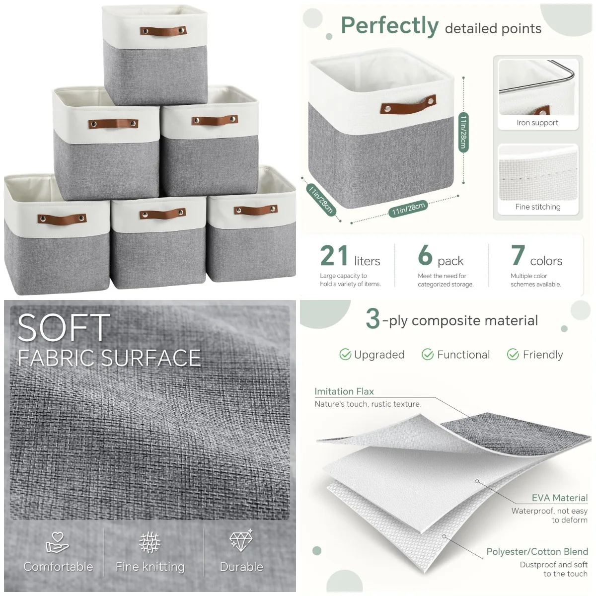 

Комплект из 6 складных контейнеров для хранения кубов, 11x11 дюймов с кожаными ручками для полки, шкафа, детской комнаты (белый/серый)