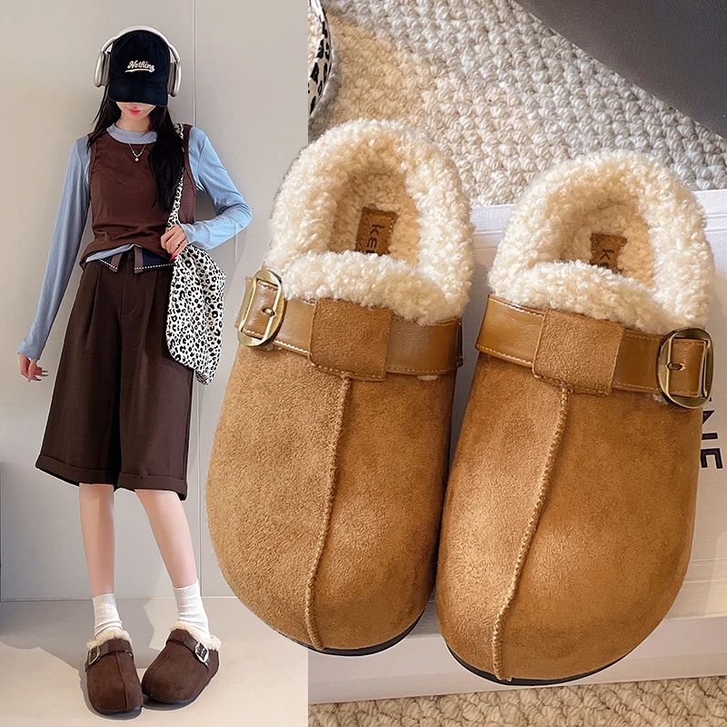 

Женские хит продаж, хлопковые тапочки высокого качества на меху на плоской подошве, теплая замша с открытой пяткой на пятке, зима 2025, новая мода