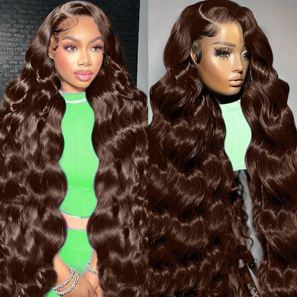 #4 Chocolate Brown Colored Body Wave 13x6 HD Transparent Lace Frontal Wig Brazilian Pre Plucked 40 46 Inches 220% Density Human Hair 13x4 Lace Front Wigs