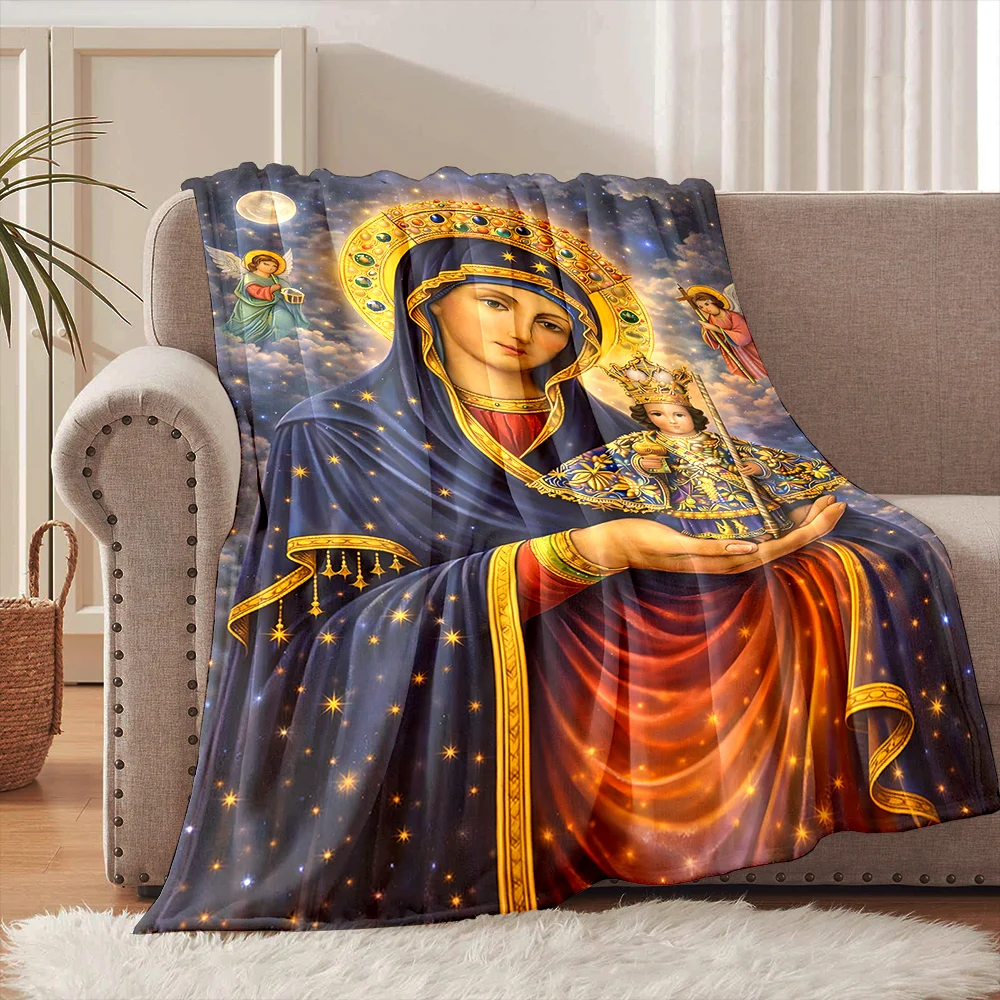 1PC Virgin Mary with Child and Angels Faith-printed Flannel Blanket Soft and Warm Suitable for Home Travel Picnics Camping RV