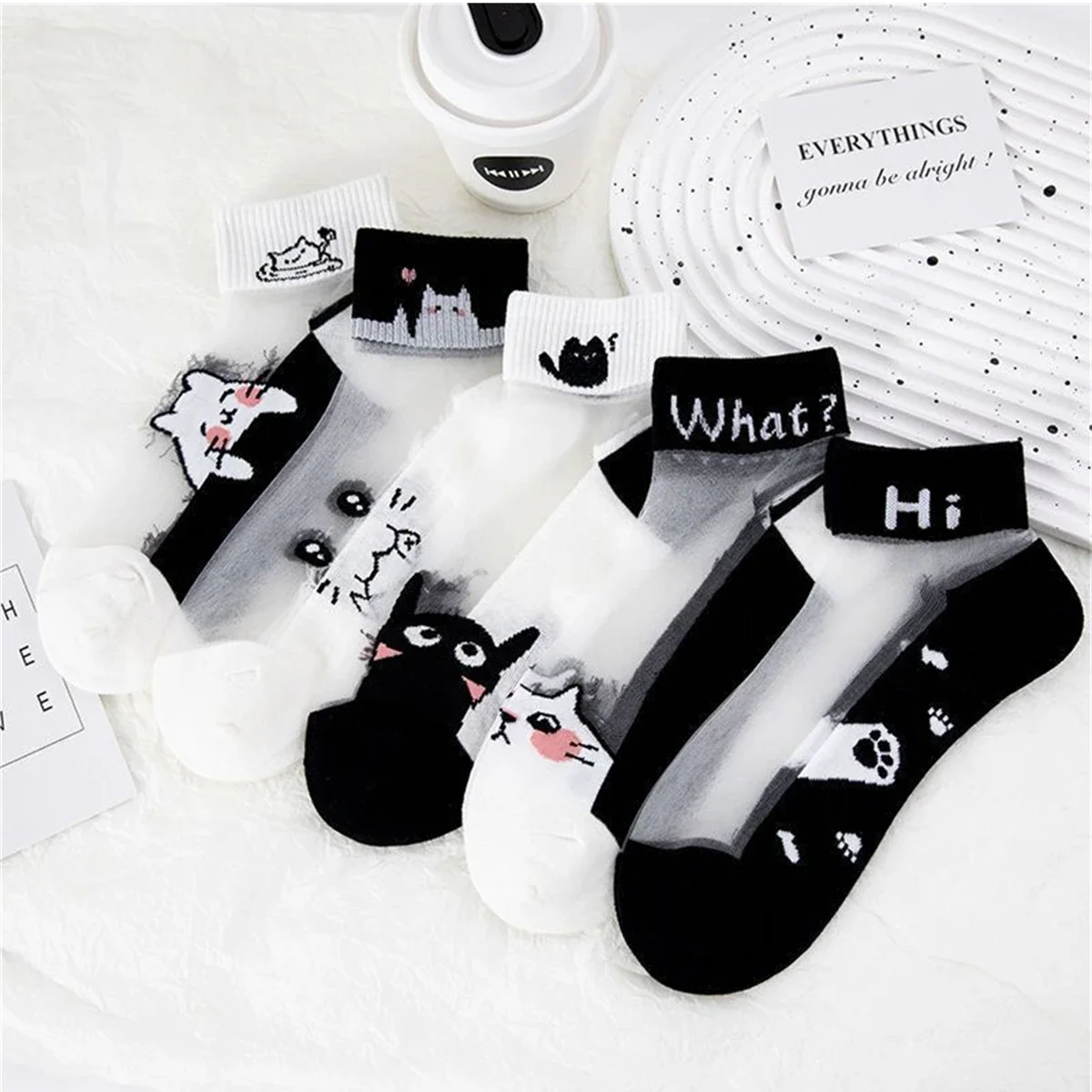 Black White Cat Glass Silk Breathable Summer Socks 5 Pairs Short Socks Simple Cute Used For Female Footwear